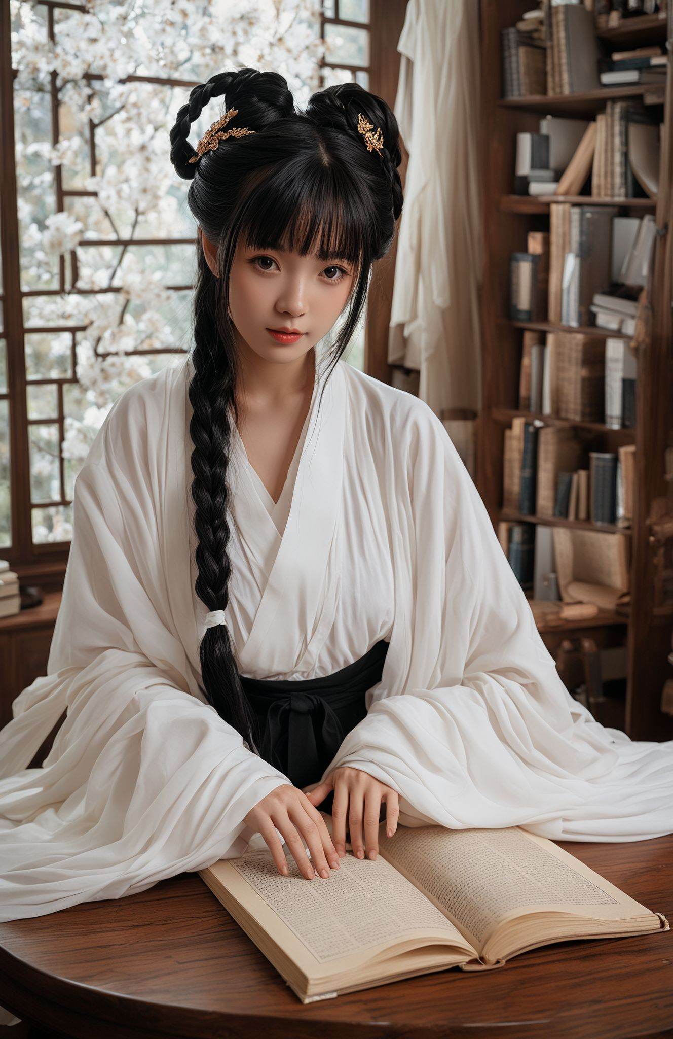 score_9,score_8_up,score_7_up,score_6_up,score_5_up,(white hanfu:1.1),hanfudatuyouhua,1girl,solo,black hair,hair ornament,scroll,attice,braid,realistic,indoors,wide sleeves,leeves past fingers,long sleeves,hair bun,looking at viewer,bangs,table,long hair,book,window,jewelry,chinese style room,