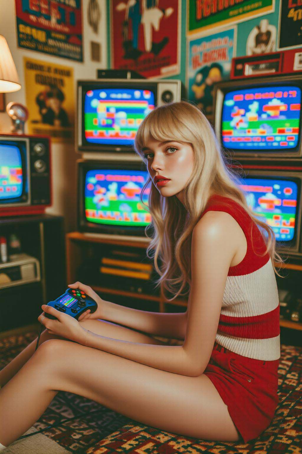 midjourneymix10q photograph.A young Dutch model,  shown in side profile,  is sitting on a patterned couch on Tensor.Art