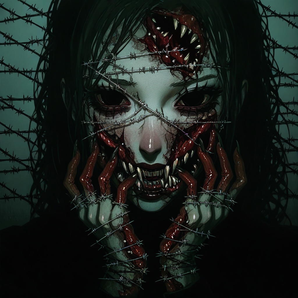 1girl,  barbed wire on face,  flesh on Tensor.Art