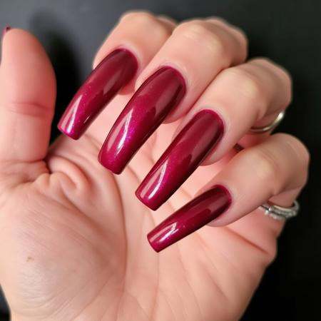 Longnails . Left hand with extremely long fingernails painted metallic red on Tensor.Art