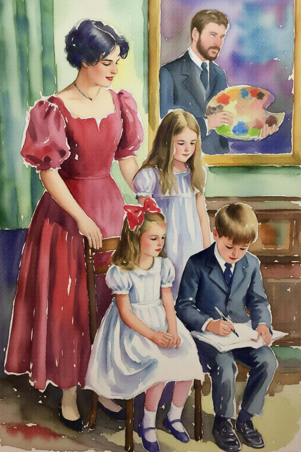 watercolorbasic2q watercolor painting.A family scene with a woman,  two young girls and a young boy. A woman with short da...