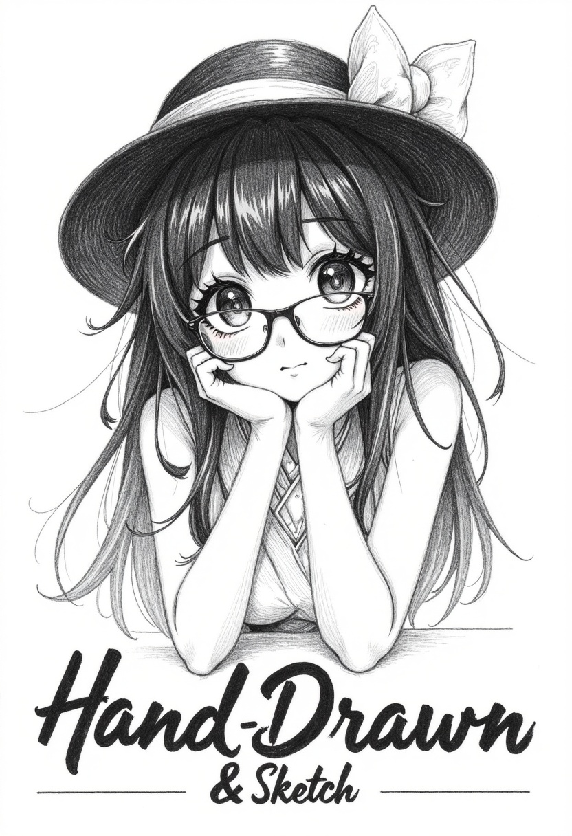 pencil drawing of an Expressive,  high-contrast black and white pencil drawing of a cute smiling womanwith a stylist hat a...
