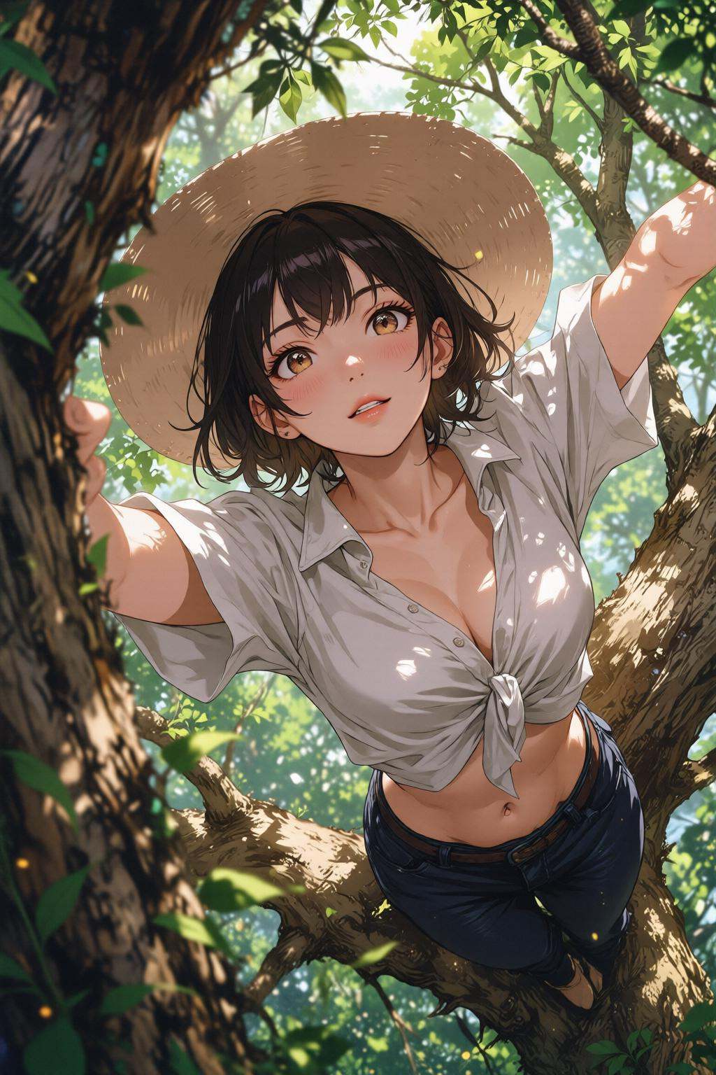 nijimix6q anime style illustration. Overhead view of a young woman with short,  dark hair wearing a wide-brimmed straw hat...