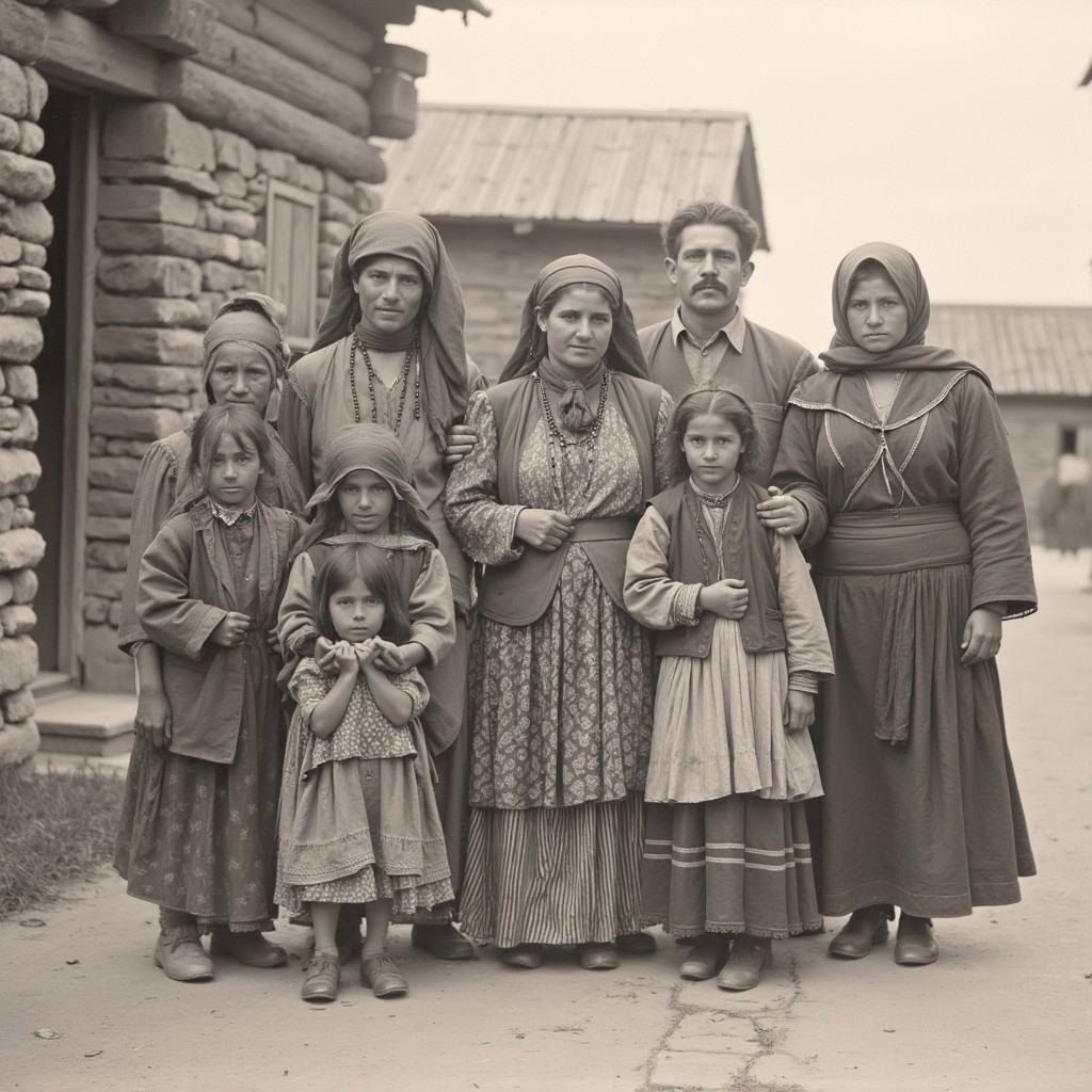 old black and white picture depicting gipsy family in a village on Tensor.Art