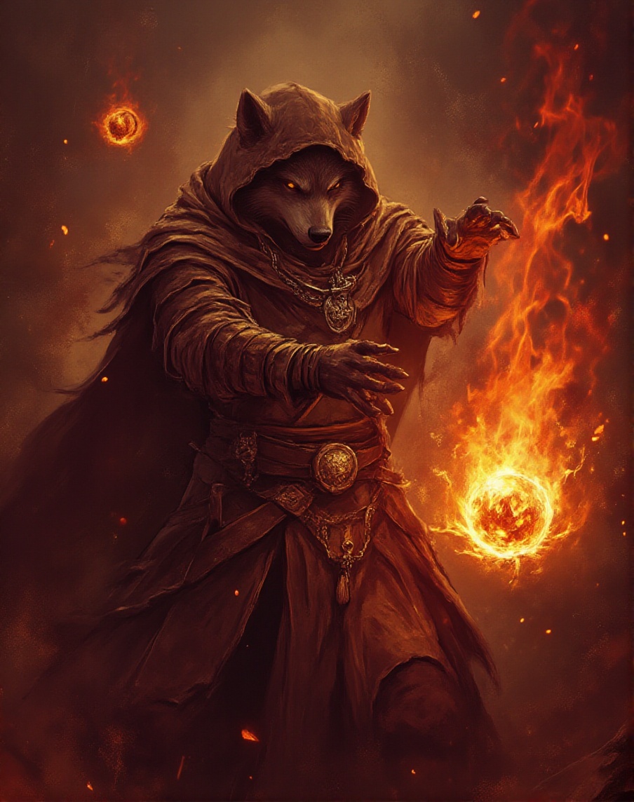 anthr0dnd,  an anthropomorhic wolf mage on an illustrated fantasy background. he is wearing a hooded cloak and is casting...