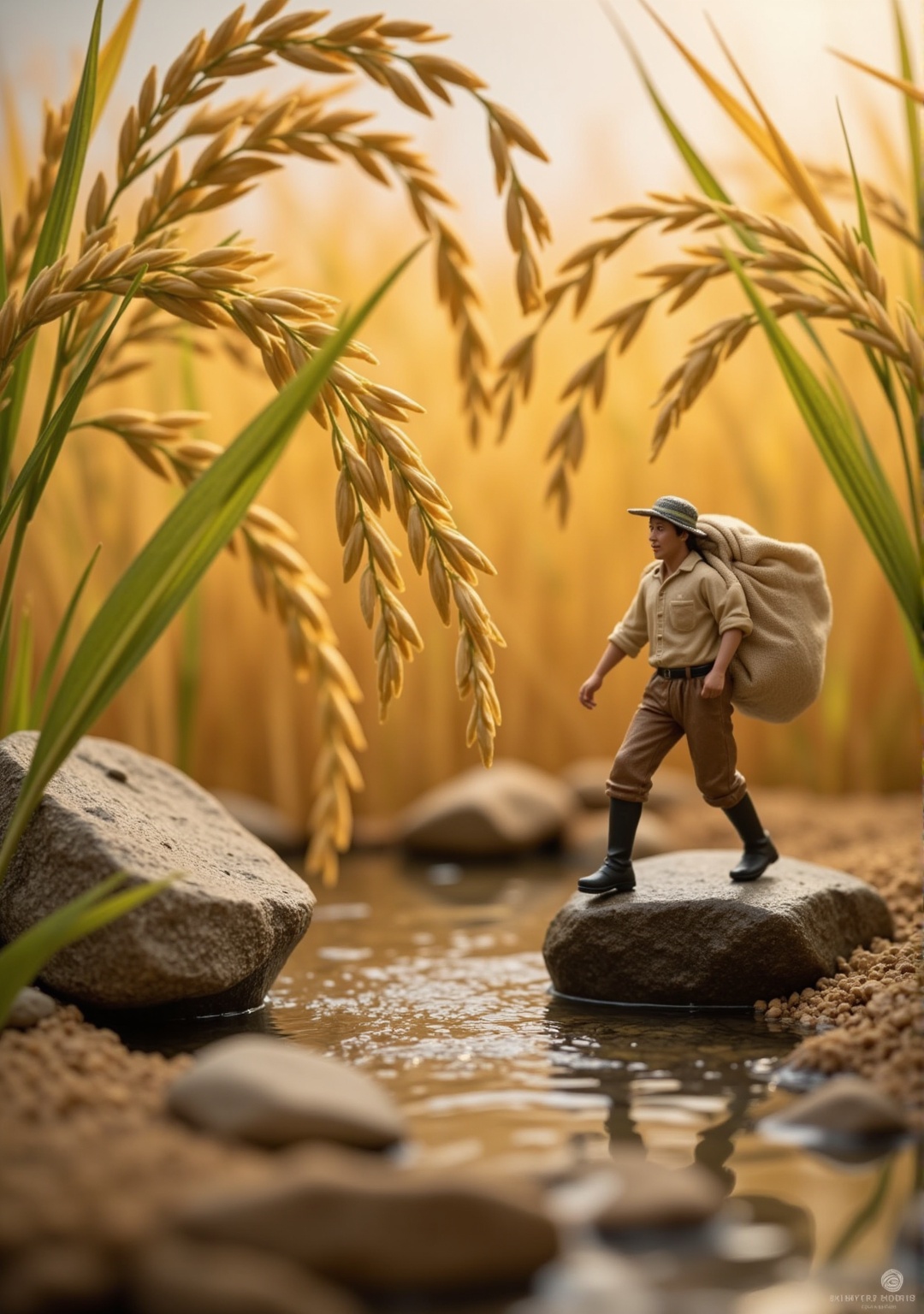 FLUX_Realistic Chân thật_By KinTG,  FLUX_Tiny World_By KinTG :,  This image depicts a miniature scene of a farmer carrying...