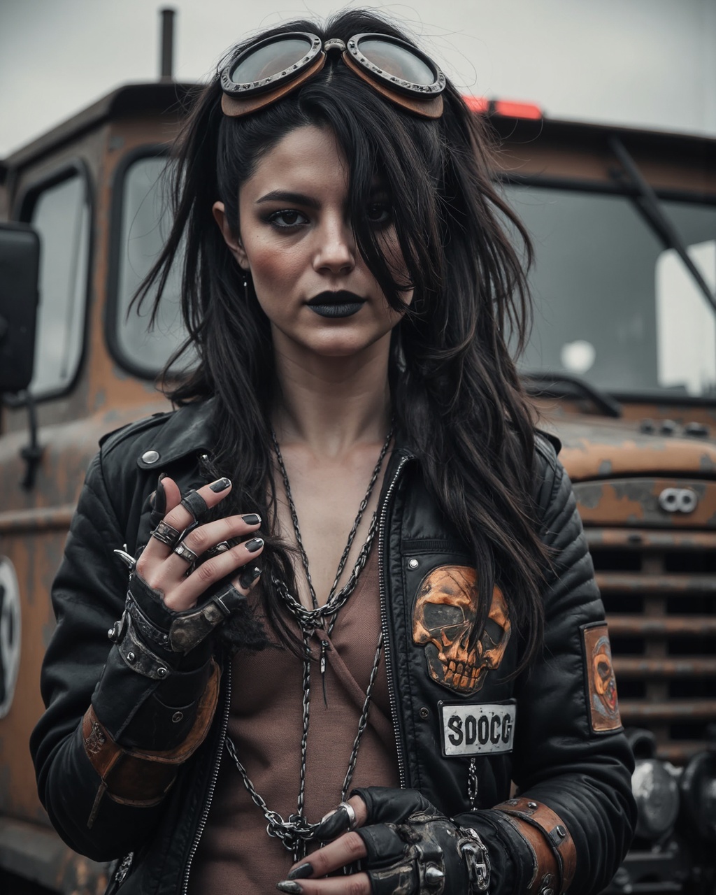 A high-resolution photograph depicting a striking,  punk-inspired woman with a fierce,  edgy aesthetic. She has a pale ski...