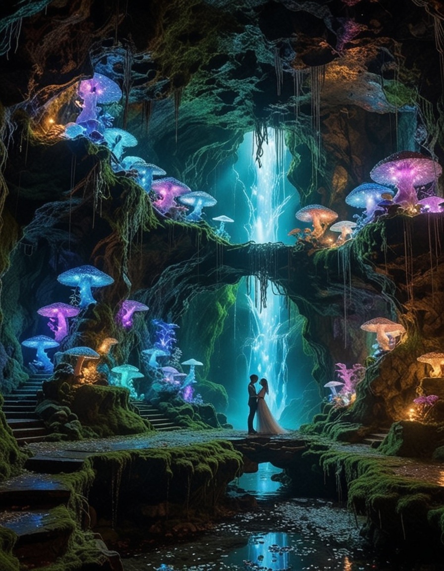 A majestic,  crystalline cave where the walls and ceiling are composed of iridescent geodes. A small,  cascading waterfall...