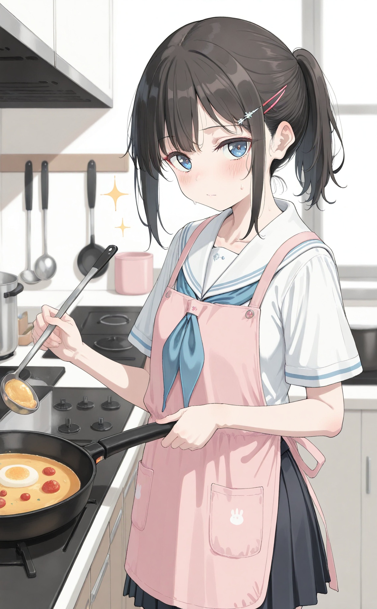 masterpiece,best quality,high quality,loli,1girl,solo,spoon,apron,black hair,holding spoon,school uniform,sailor collar,blue eyes,blush,blurry background,hair ornament,holding,serafuku,food,looking at viewer,white sailor collar,frills,hairclip,blue neckerchief,blurry,indoors,kitchen,cooking,pink apron,closed mouth,skirt,short sleeves,pleated skirt,neckerchief,sidelocks,short ponytail,ponytail,sweatdrop,collarbone,shirt,white shirt,stove,sparkle,frying pan,medium hair,cooking pot,hands up,black skirt,ladle,