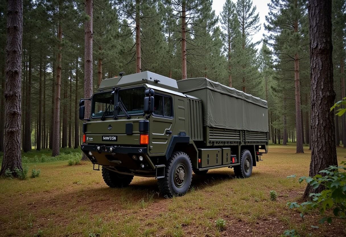 Army green 'ManSV' 6t truck in a coniferous forest,  Man_SV_6t on Tensor.Art