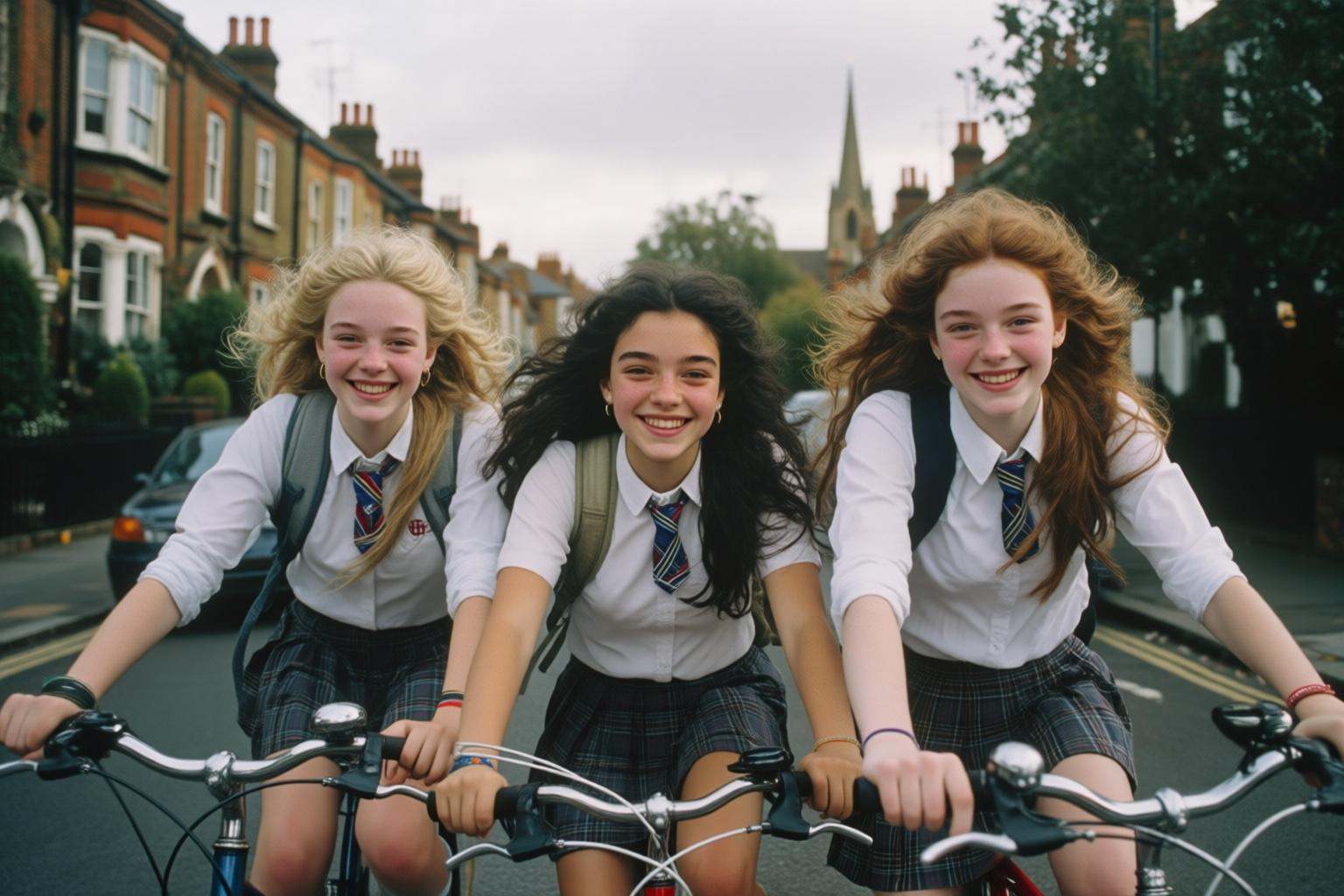 midjourneyanalog9 photograph.Close-up of three British girls riding bicycles on a London street. They are wearing school u...