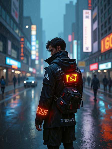 mad-cbrpnkotft01,  man wearing outfit standing in the rain of cyberpunk city Looking over the shoulder pose on Tensor.Art