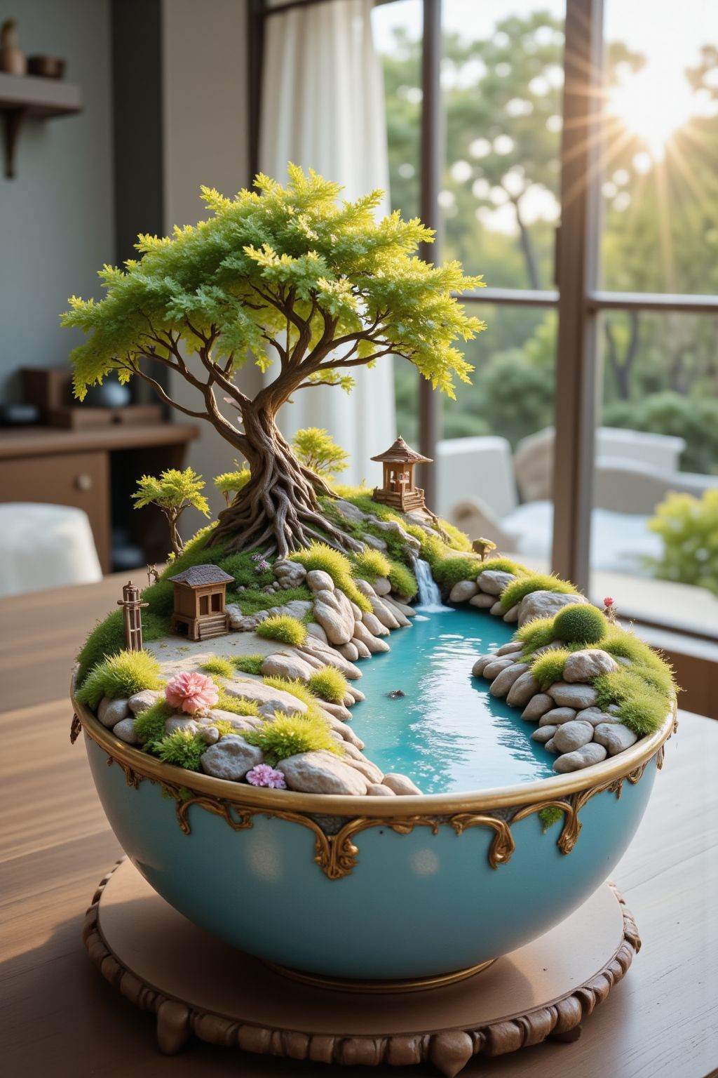 The image depicts a beautifully crafted miniature scene inside a bowl. The scene includes a lush,  green tree with intrica...