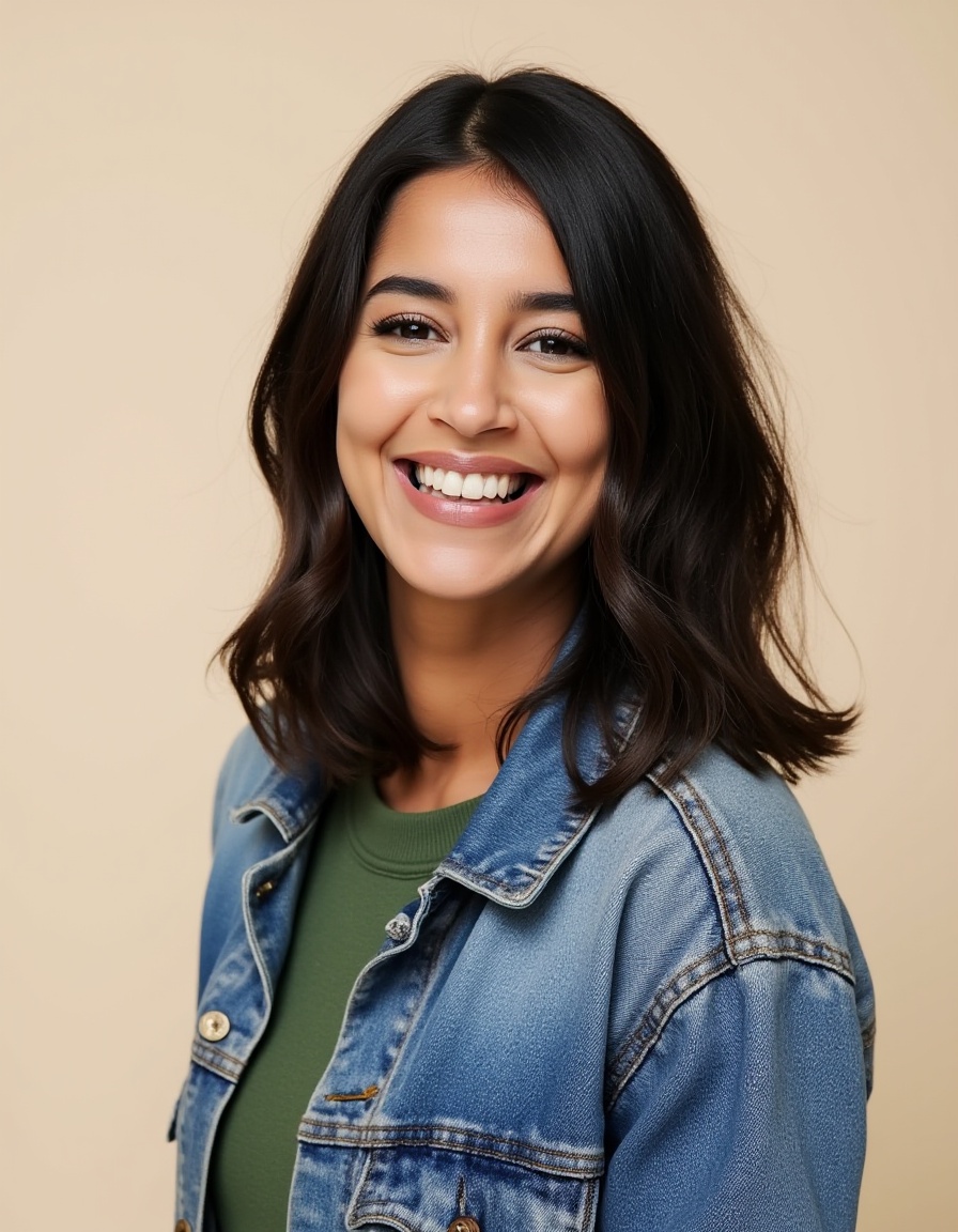 A captivating portrait of a smiling woman with long,  dark hair,  styled in loose waves. She is wearing a vintage denim ja...