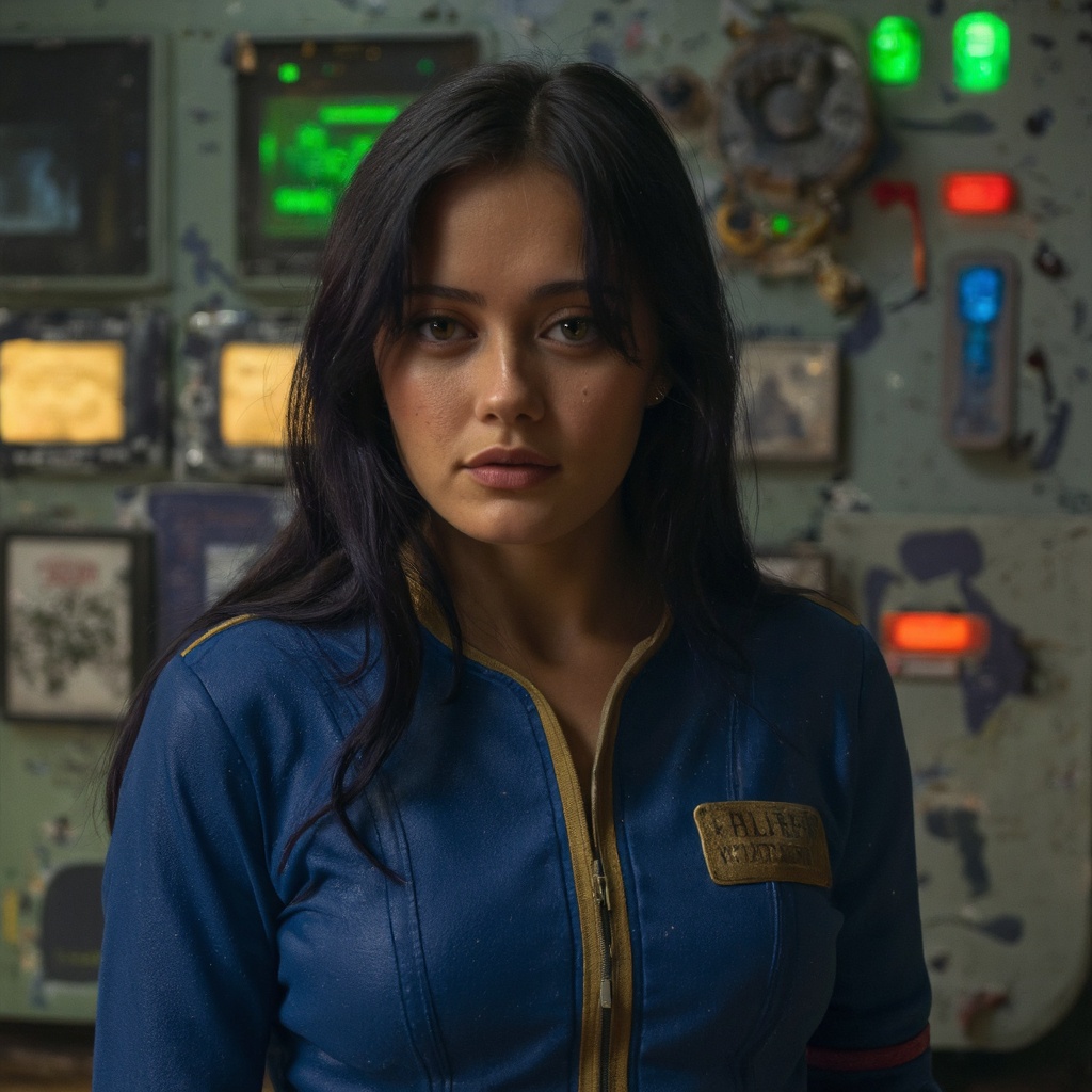 A still from the fallout tv show depicts ella_purnell with long,  black hair and a serious expression. She wears a blue an...