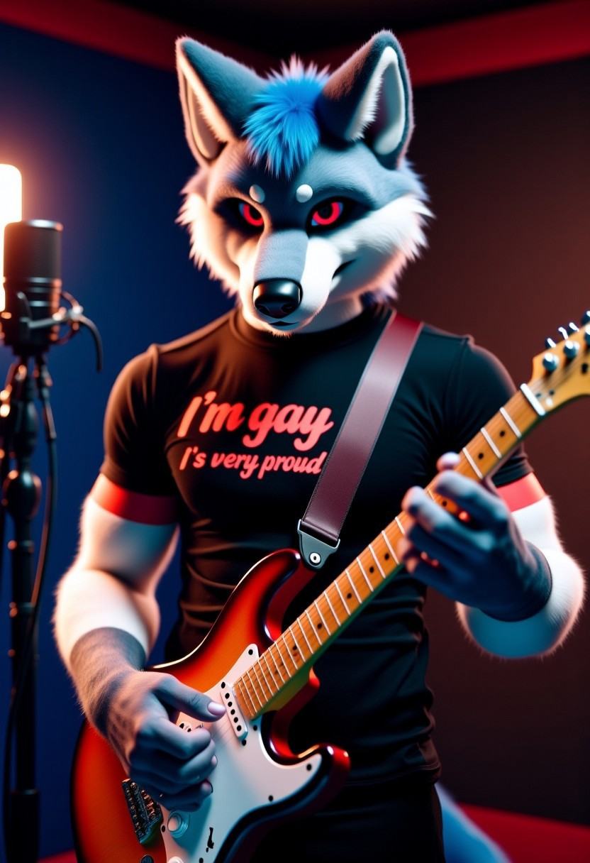 muscular male wolf in a fursuit is playing guitar in a recording studio. He is wearing a black t-shirt with the text 'I'm gay I'm very proud' and has a serious expression on his face. His red eyes and blue fur make him look handsome and attractive. He is a 28 year old young man who is a singer, voice actor and guitarist.