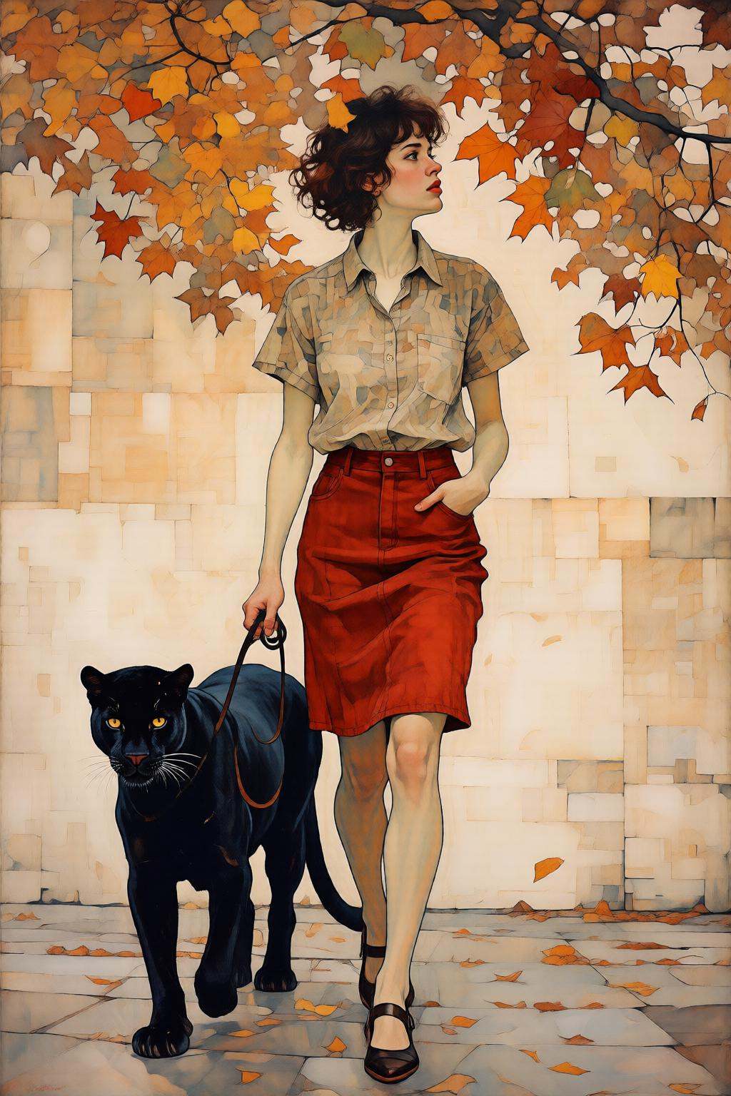 kaoruyamada2q painting. A woman,  wearing a short-sleeved shirt and red jean miniskirt,  walking a black panther on Tensor...