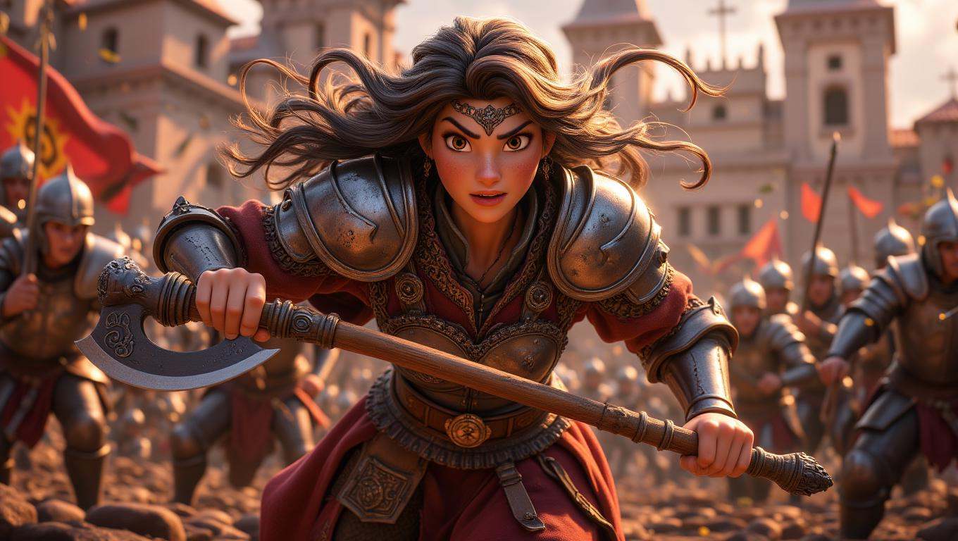 A fierce female warrior,  clad in intricately designed armor,  charges into battle with a determined expression. She wield...