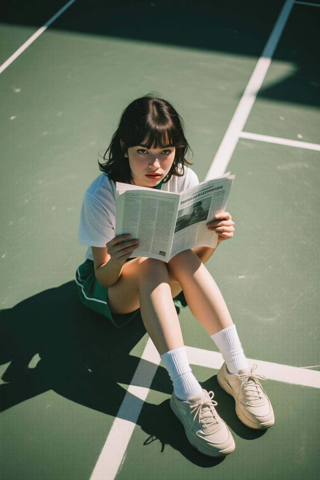 midjourneyhighangle13q High angle view. A young woman sitting on a green tennis court,  holding an open newspaper with bot...
