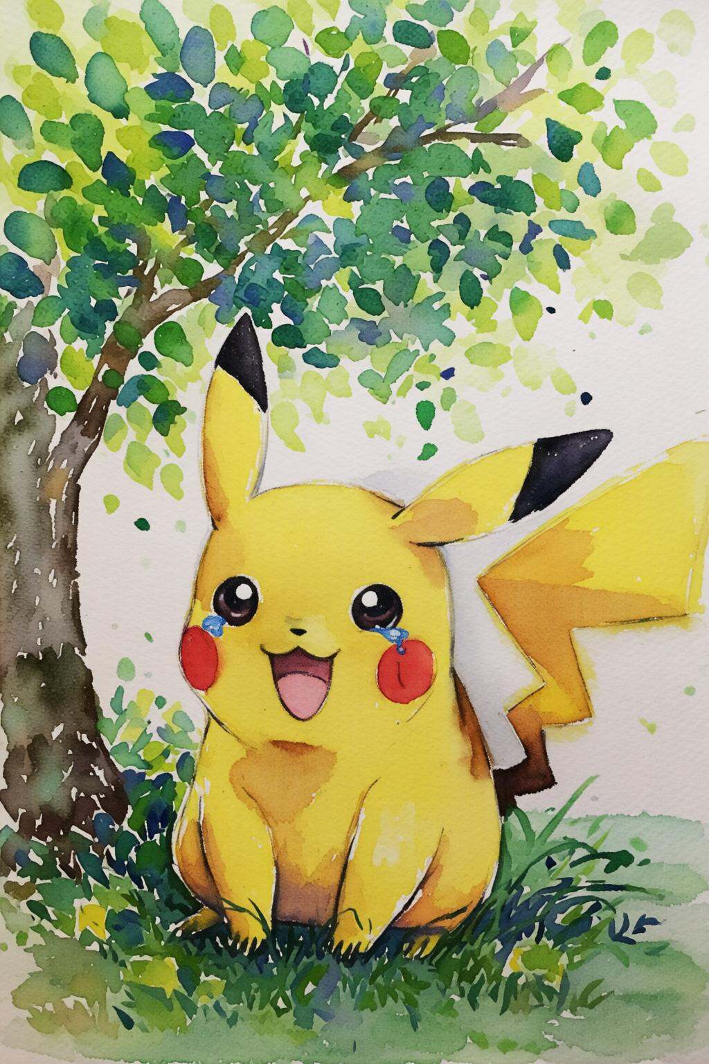 watercolorbasic2q watercolor painting. Pikachu crying,  large tear drops on his face,  under a green tree on Tensor.Art