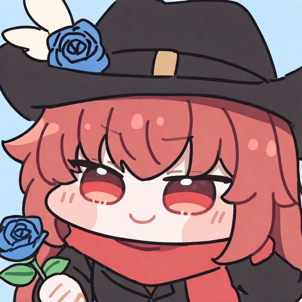 <lora:oldstore>,masterpiece,best quality,chibi,1girl,solo,red eyes, red hair,black cowboy hat,hat feather,red scarf,black jacket,chibi, meme,Give you a blue rose,toward the lens,roses,with blue rose,holding,upper body,smile,big rose,blue rose near view,Focus on the blue rose,,