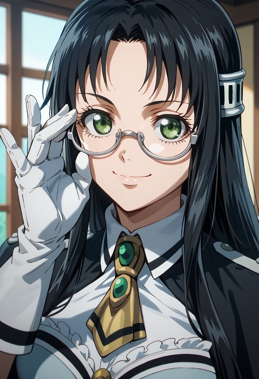 score_9,score_8_up,score_7_up,source_anime,Marguerite Farom,1girl,solo,looking at viewer,smile,gloves,closed mouth,glasses,white gloves,portrait,adjusting eyewear,rimless eyewear,