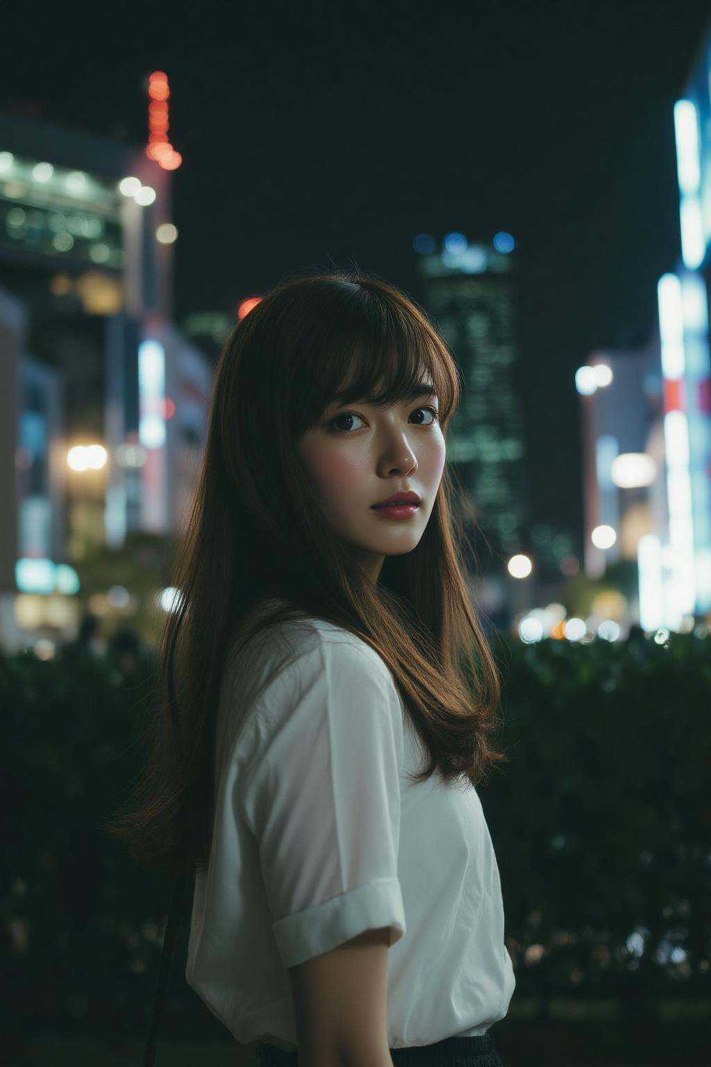 midjourney analog photograph.A 1990s young Japanese woman,  shown in side profile,  stands outdoors at night. She has long...
