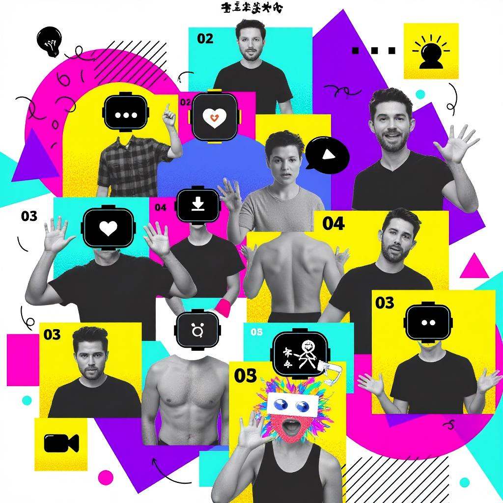A diverse group of people,  contemporary collage art style,  with their faces replaced by digital screens showing differen...