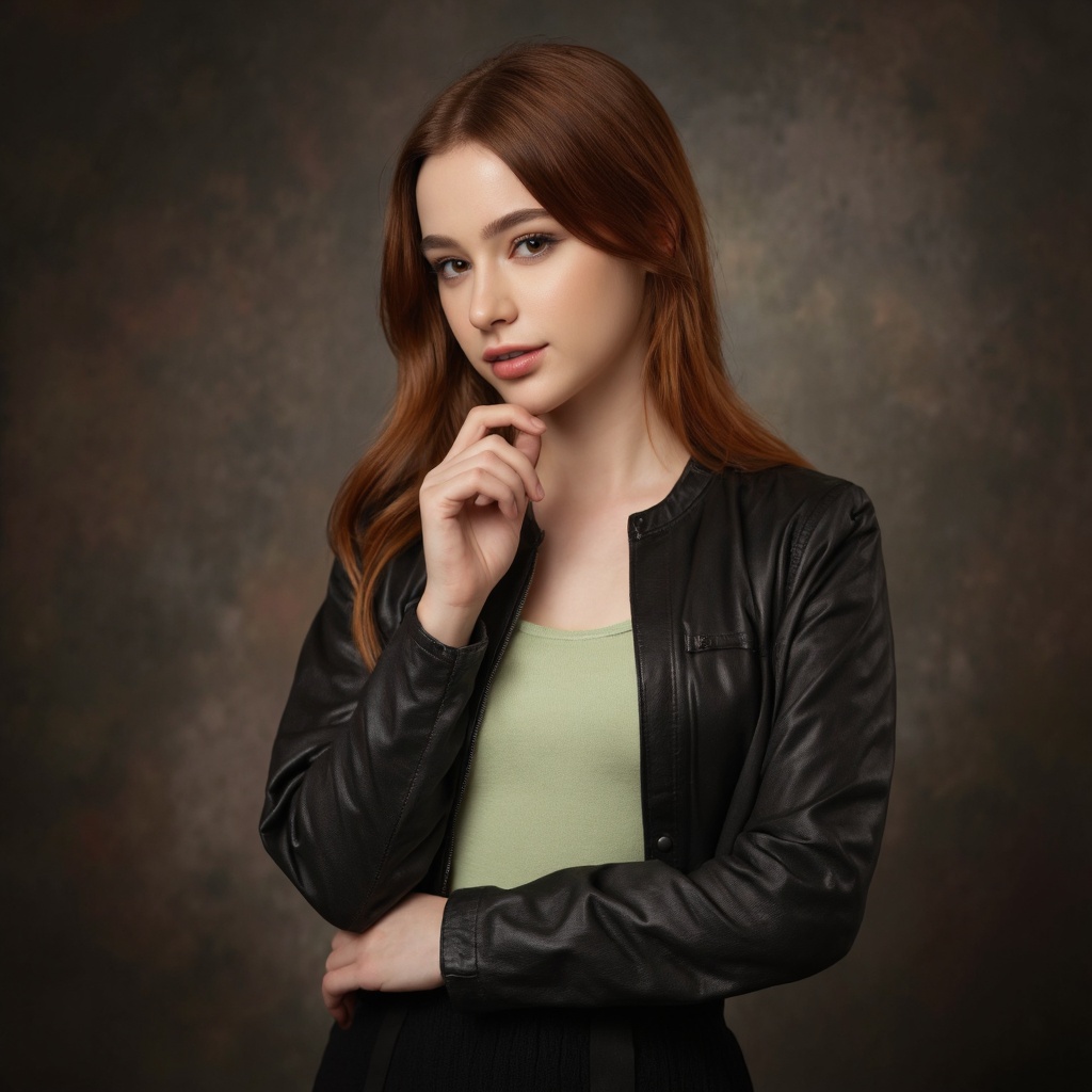A portrait of dasha_taran with striking red hair,  set against a dark,  textured background. She wears a black leather jac...