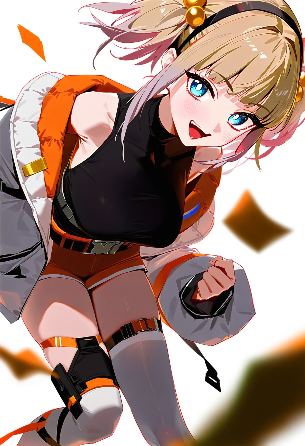 1girl, vtuber, Toga, accessorries, life jacket, detailed background, bloom, depth of field, anaglyph, amazing quality, shirt, looking at viewer, shorts, solo focu, blue eyes, long sleeves, black shirt, jacket, virtual youtuber, open mouth, bright pupils, :d, smile, white pupils, white legwear, collarbone, simple background, white background, large breasts, blurry foreground, hair ornament, black hairband, breasts, grey hair, short hair with long locks, white jacket, blush, hairband, thighhighs,best quality, best quality, very aesthetic, masterpiece, absurdres, absurdres, sensitive, artist:ask {askzy}, artist:yd_{orange_maru} , koikatsu , rella