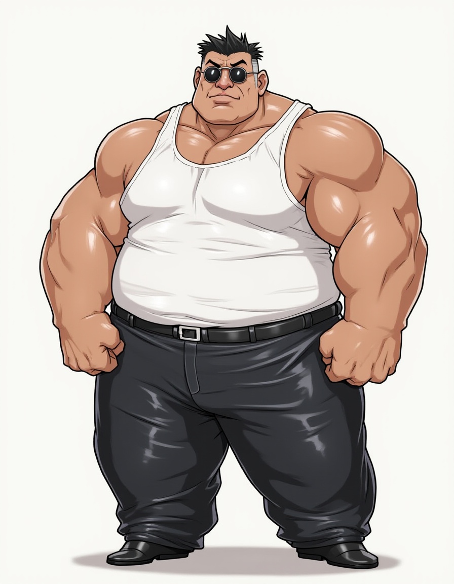 <lora:FLUX_CNSilver2Joe:1>2boys, 2msilverjoe, 2boys, 2msilverjoe, ass, bag, bara, biceps, black hair, bulge, full body, leather pants, mature male, muscular, muscular male, old, pectorals, scar on face, shirt, short hair, sunglasses, thick arms, uniform, white **** top