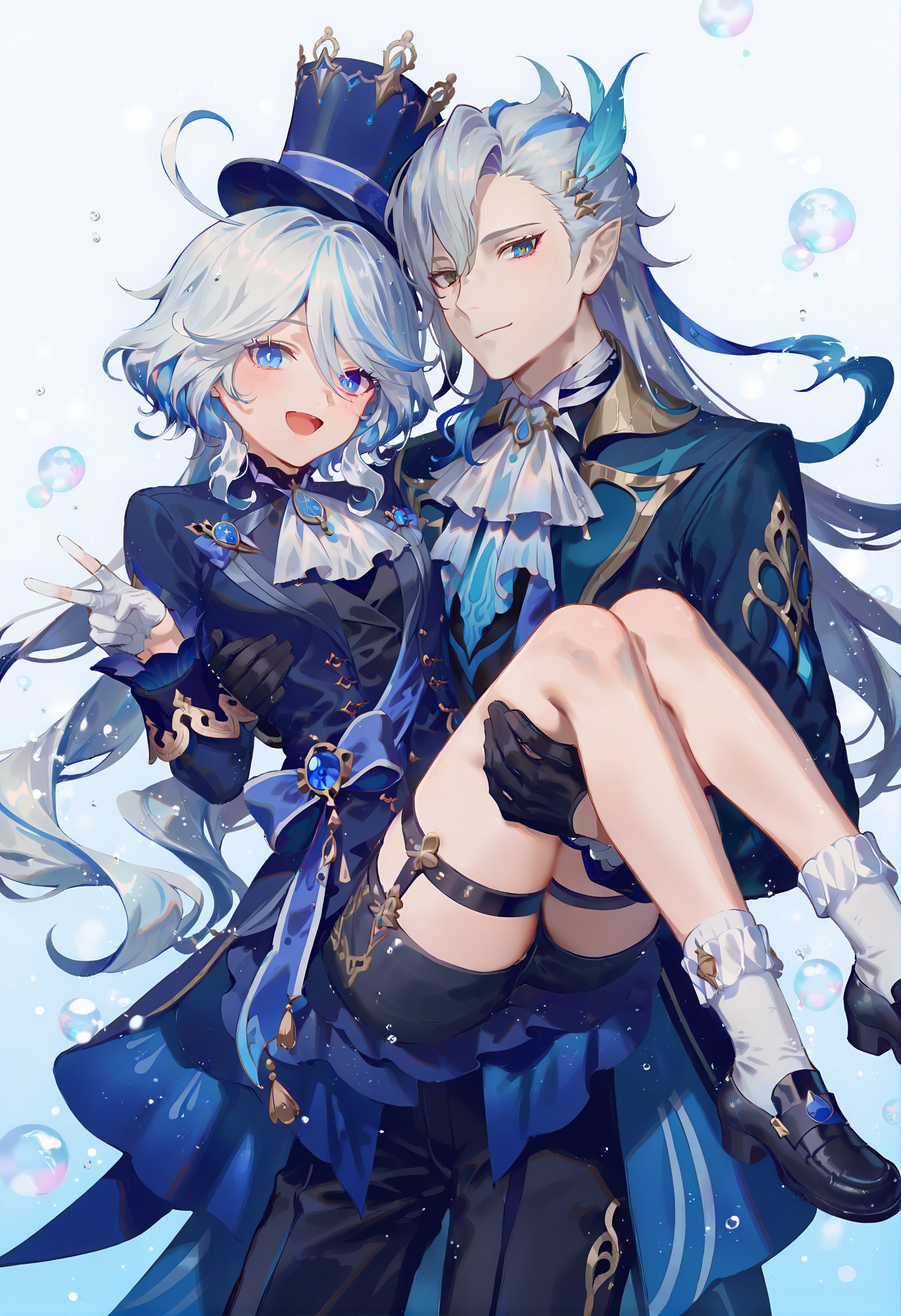 neuvillette_\(genshin_impact\), furina_\(genshin_impact\), 1girl, 1boy, gloves, blue_eyes, long_hair, blue_headwear, blue_hair, hat, black_gloves, carrying, ahoge, looking_at_viewer, multicolored_hair, shorts, smile, open_mouth, ascot, blue_jacket, white_background, pointy_ears, white_hair, streaked_hair, jacket, simple_background, top_hat, long_sleeves, closed_mouth, hair_between_eyes, princess_carry, :d, blue_gemstone, bubble, hair_ornament, black_footwear, socks, short_hair, gem, white_ascot, v, feather_hair_ornament, blue_coat, heterochromia, water_drop, white_socks, blue_bow, thigh_strap, sidelocks, coat, light_blue_hair, black_shorts,, best quality,amazing quality,very aesthetic,absurdres,masterpiece,