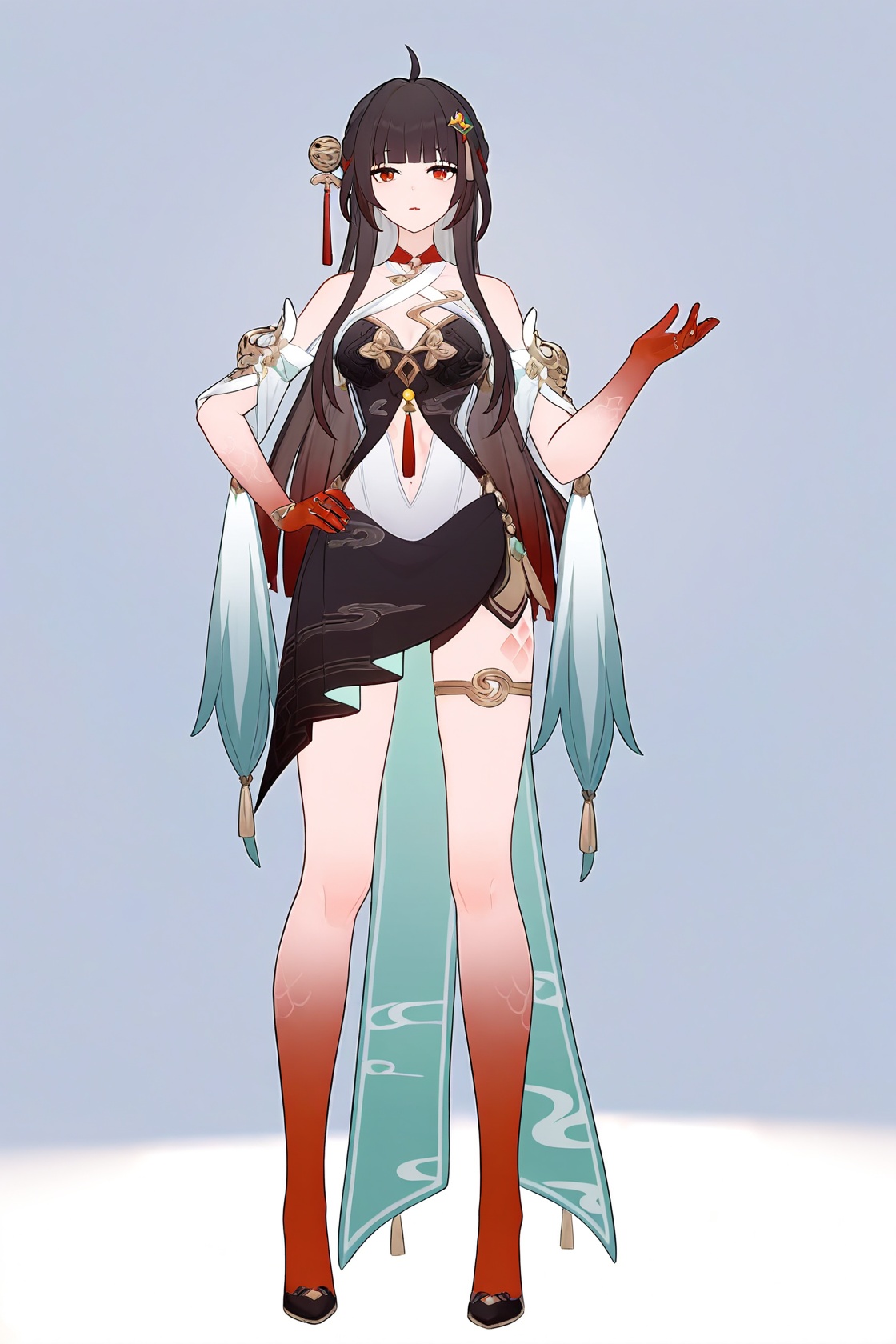 8k, best quality, masterpiece, (ultra-detailed), (high detailed skin), full body, full shot, standing, looking at viewer, (solo:1.2), simple background, white background, hand on own hip, <lora:lingsha-a3-Tanger-000014:0.8>, lingsha, default clothes, red hands, red feet, black dress, 1girl, long hair, black hair, breasts, ahoge, A full-body portrait of a young girl, standing gracefully, pastel art style, high-key lighting, shoujo manga influence, hd quality, delicate details, 