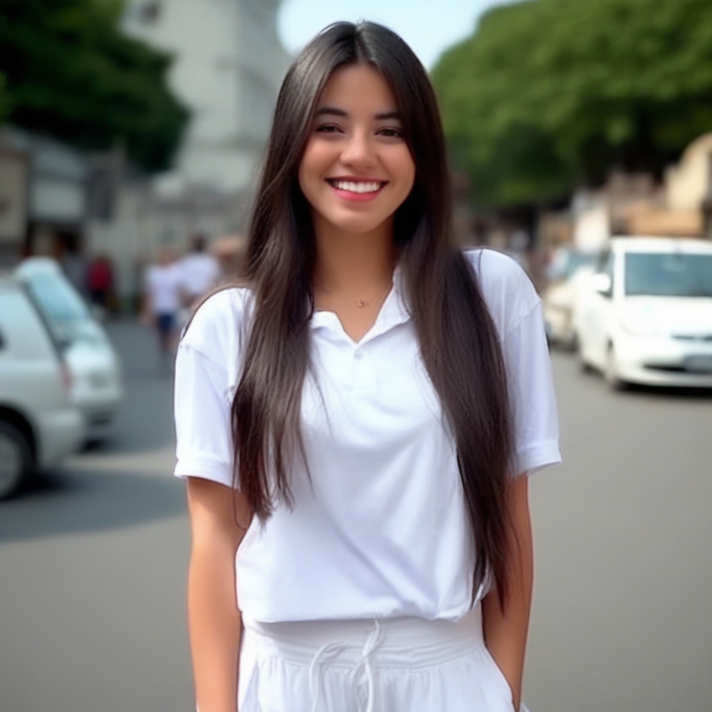vnzxl,  beautiful woman with long dark hair,  wearing a white shirt and white shorts on Tensor.Art