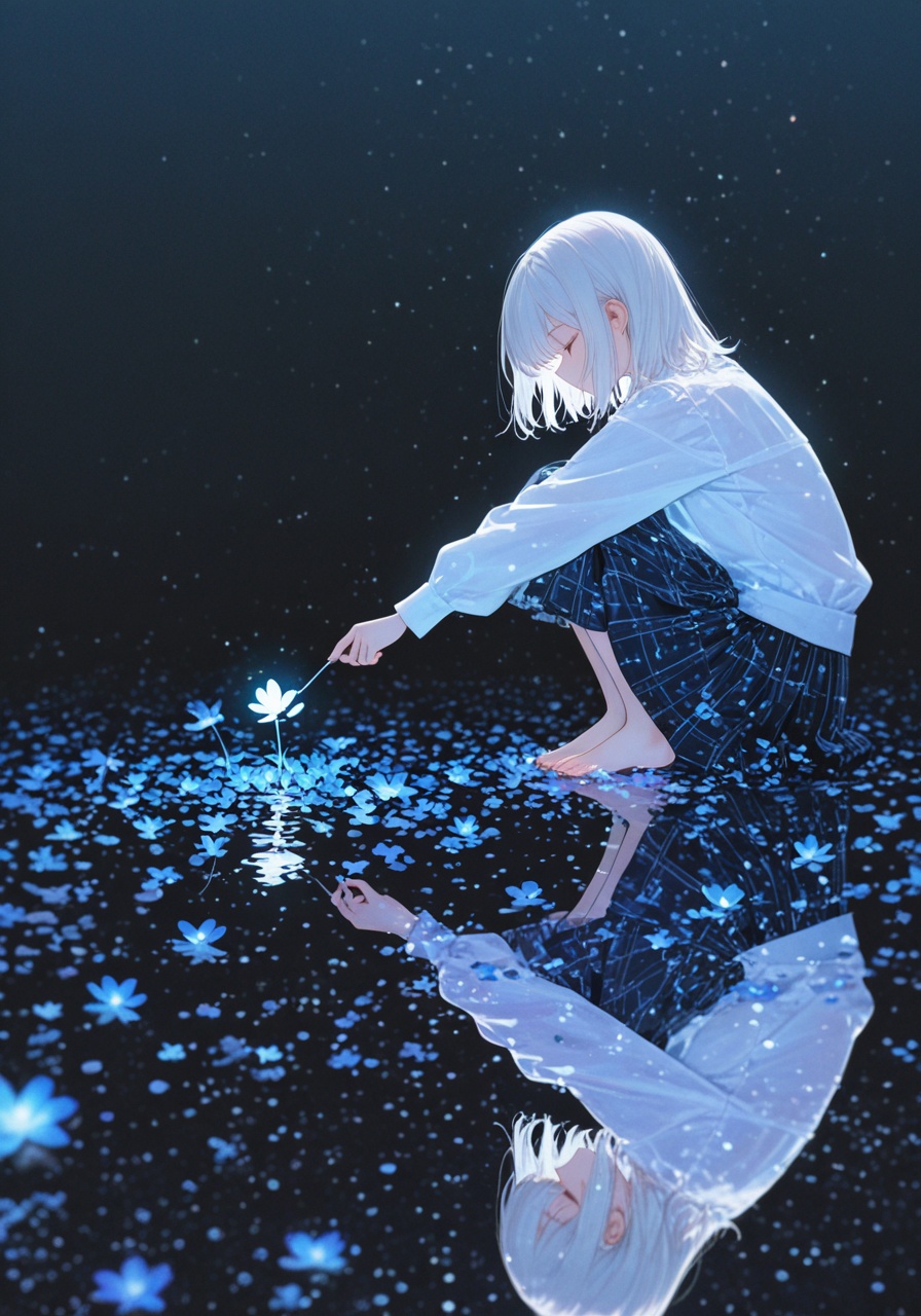 masterpiece, best quality, best quality,1girl, solo, blonde, white hair, medium hair, extremely soft colors, watercolor, flowers, skirt, masterpiece, shiny, best quality, loving, pure, wild, natural, incredibly absurdres, solo, short hair, barefoot, paint_drip, long sleeves, shirt, glowing, white shirt, night, water, reflection, from side, black background, amazing quality, very aesthetic, absurdres, newest, (scenery, volumetric lighting)