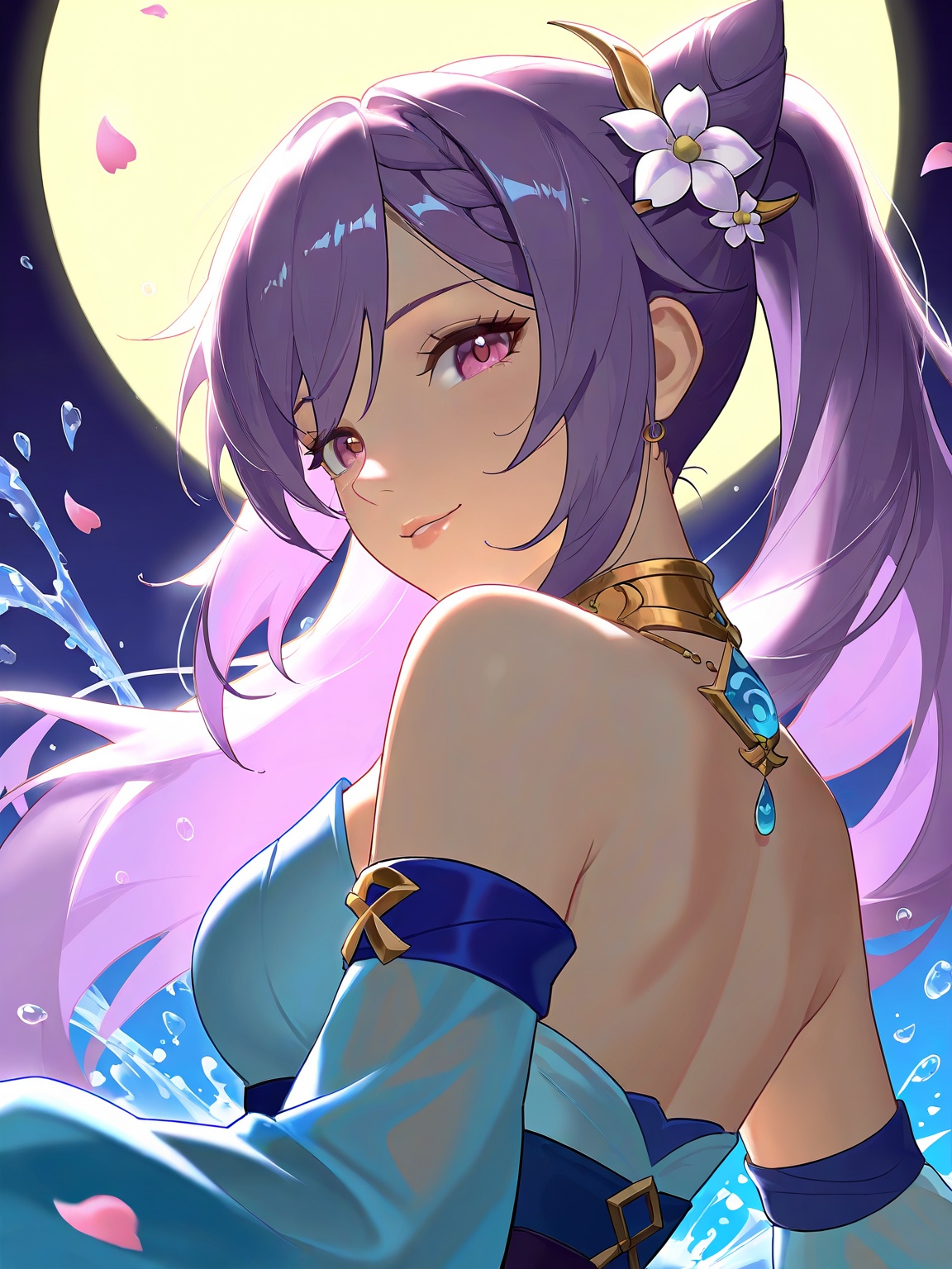 1girl, Nilou Keqing Genshin Impact, Breeze of Sabaa, lips, thin lips, solo, looking at viewer, charming sensual smile, dancing, water droplets, splashing water, chupa chups, upper body, from below, back lighting, dark, multicolored background, masterpiece,  flower petals ,cherry blossom, best quality, very aesthetic