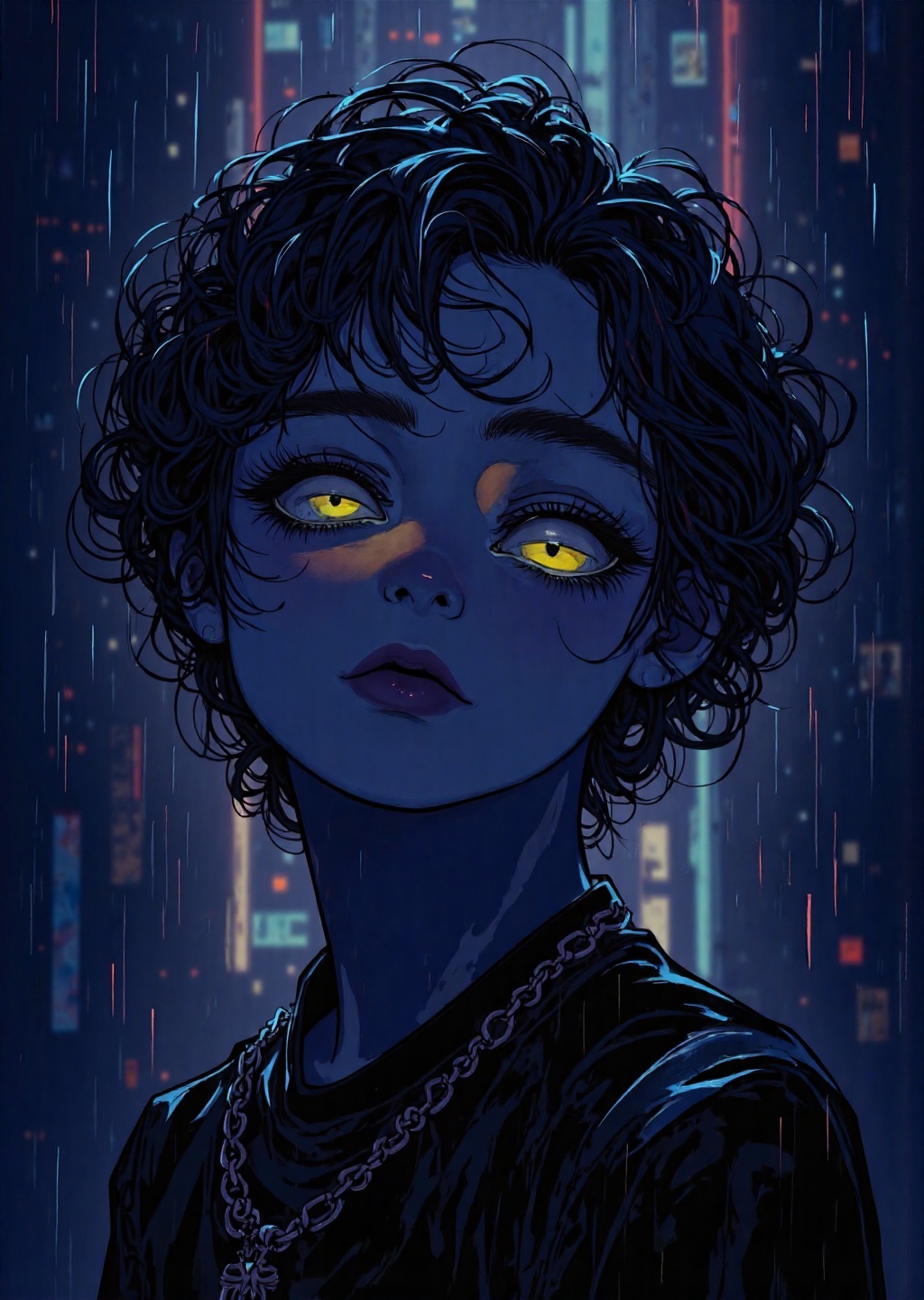 This is a digital illustration rendered in a dark,  dramatic style with a minimalist color palette. The subject is a young...