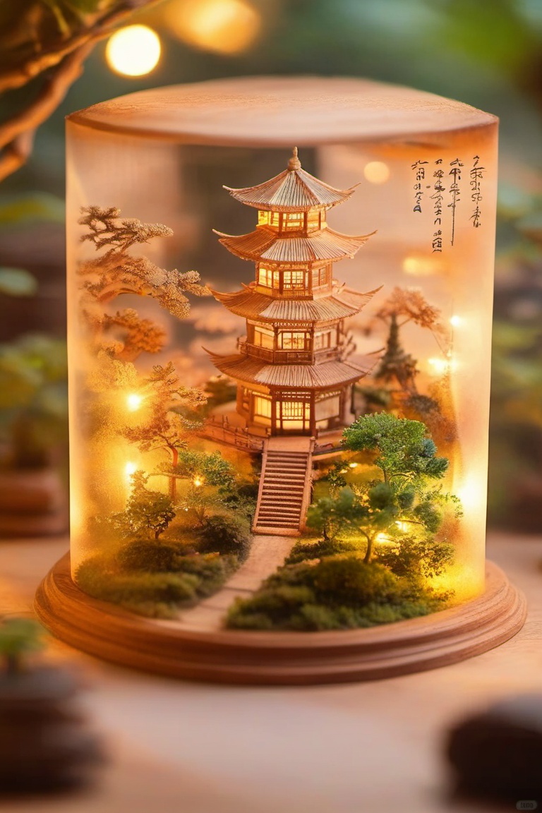 Microarchitecture,juanzhou,A super detailed,tiny,wooden pagoda sits in a glass container,surrounded by a lush garden. The pagoda's got a fancy,traditional Asian design with multiple levels and fancy eaves. The garden's packed with trees,a small bridge,and a lantern,all lit up by soft,warm light. The background's got a blurry,cozy vibe with golden bokeh.,,<lora:juanzhouv1:0.8>