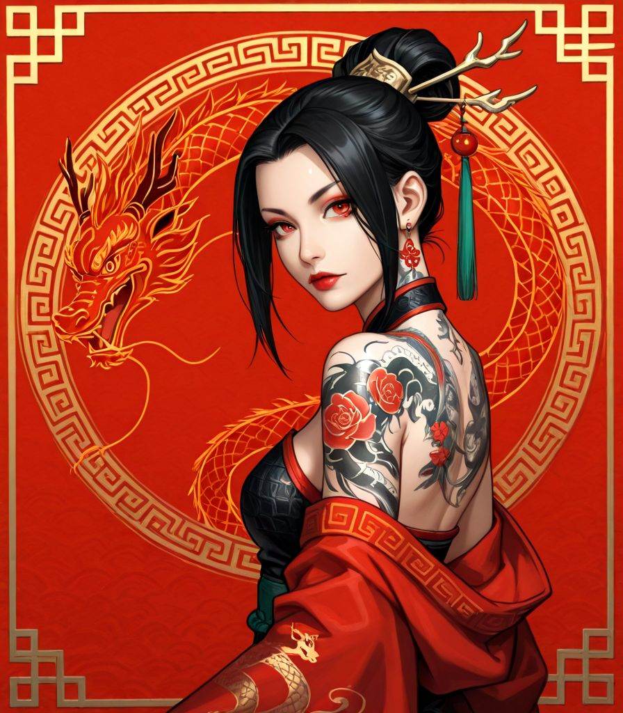 1girl,  chinese_dragon,  tattoo on Tensor.Art