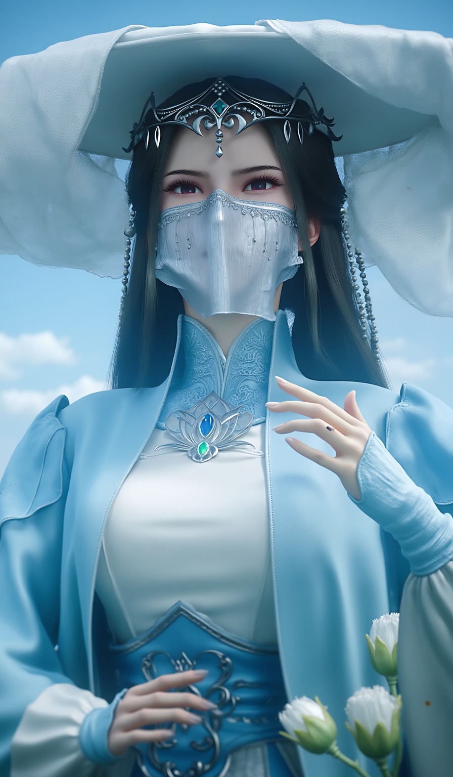 high detail,best quality,blue sky,(simple background:1.2),rim light,face the light,blight,shiny,(pale skin:1.3),day,white flower,branch,cloud,looking at viewer,large breasts,hands up, <lora:青禾-20:1> black hair, white face mask, covering her nose and mouth,blue gown with intricate silver trim and a high collar,wears a large, white, conical hat with a green gem at its center