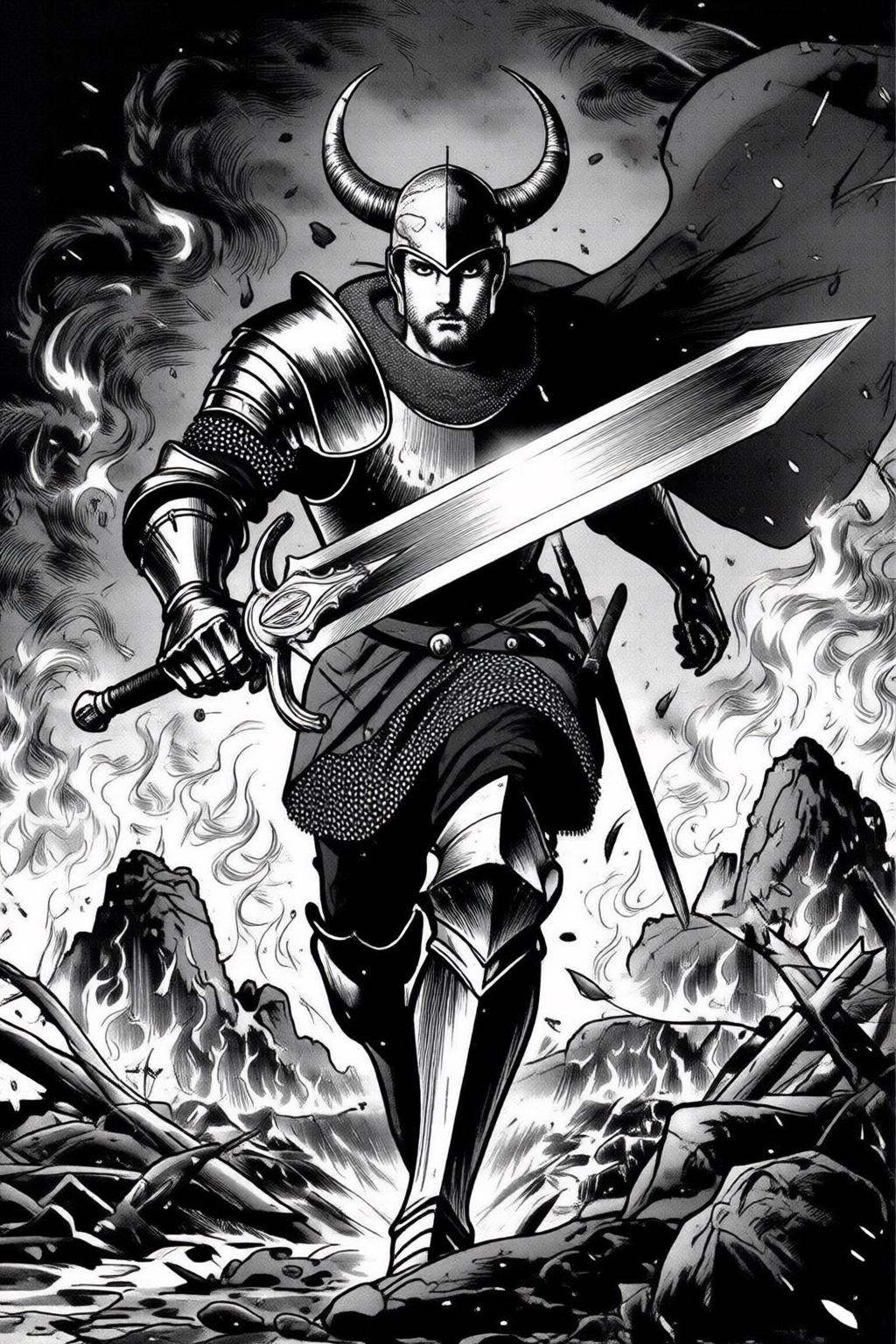 ryoichiikegami2q illustration. Black and white drawing. A formidable knight clad in dark armor and horned helmet,  charges...