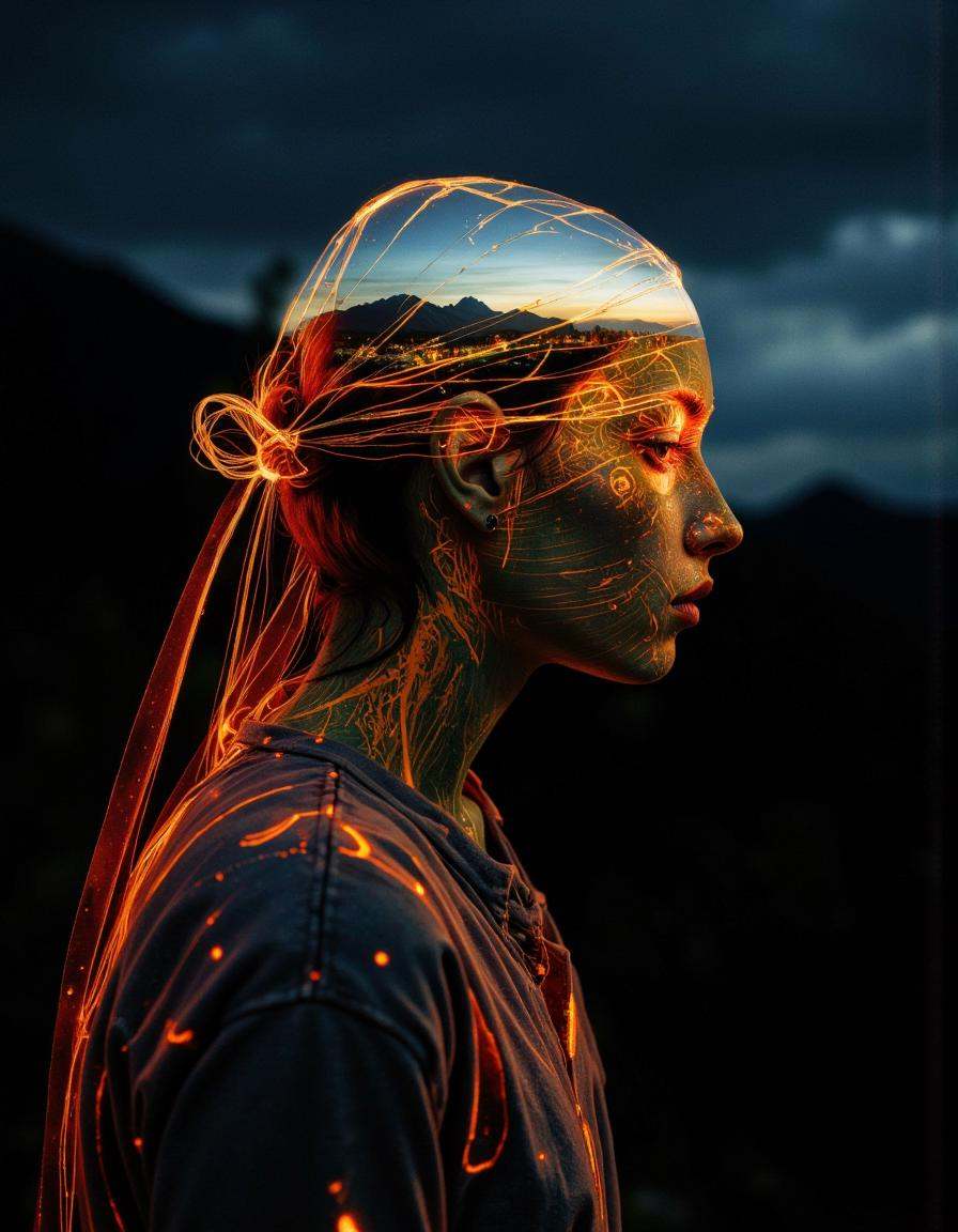 A highly detailed cinematic photography.Light Trails Photography by Aaron Siskind and Farah Mahbub of a person with head r...