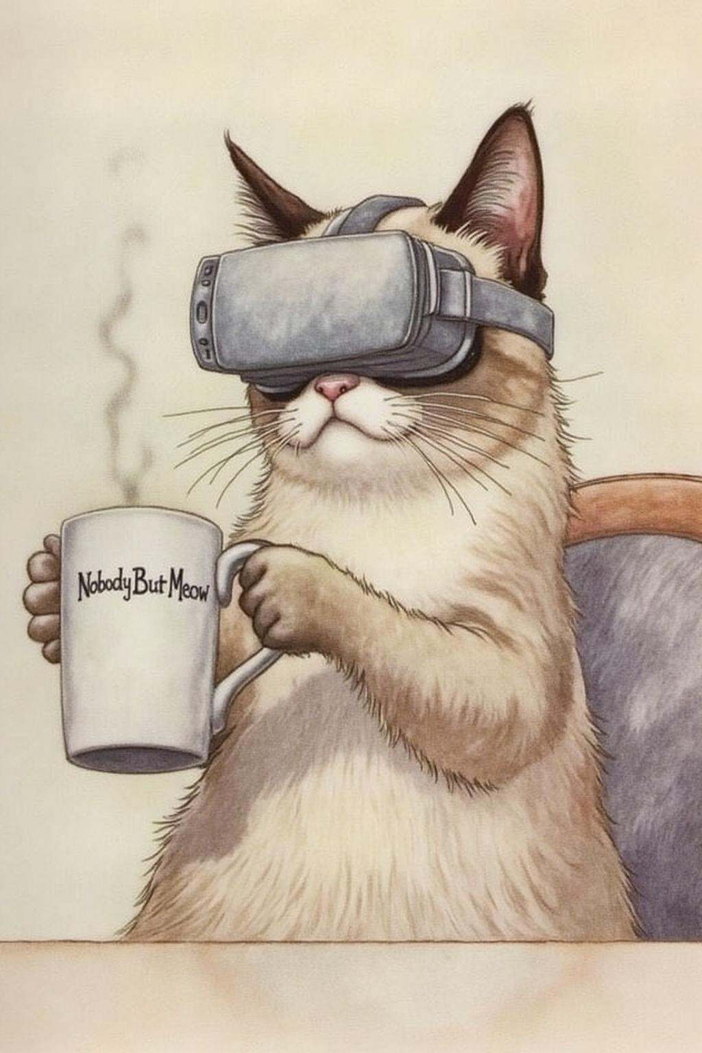 charob1 illustration.Grumpy Cat holidng a coffee mug,  wearing a VR Headset. The mug has the phrase "NobodyButMeow" printe...