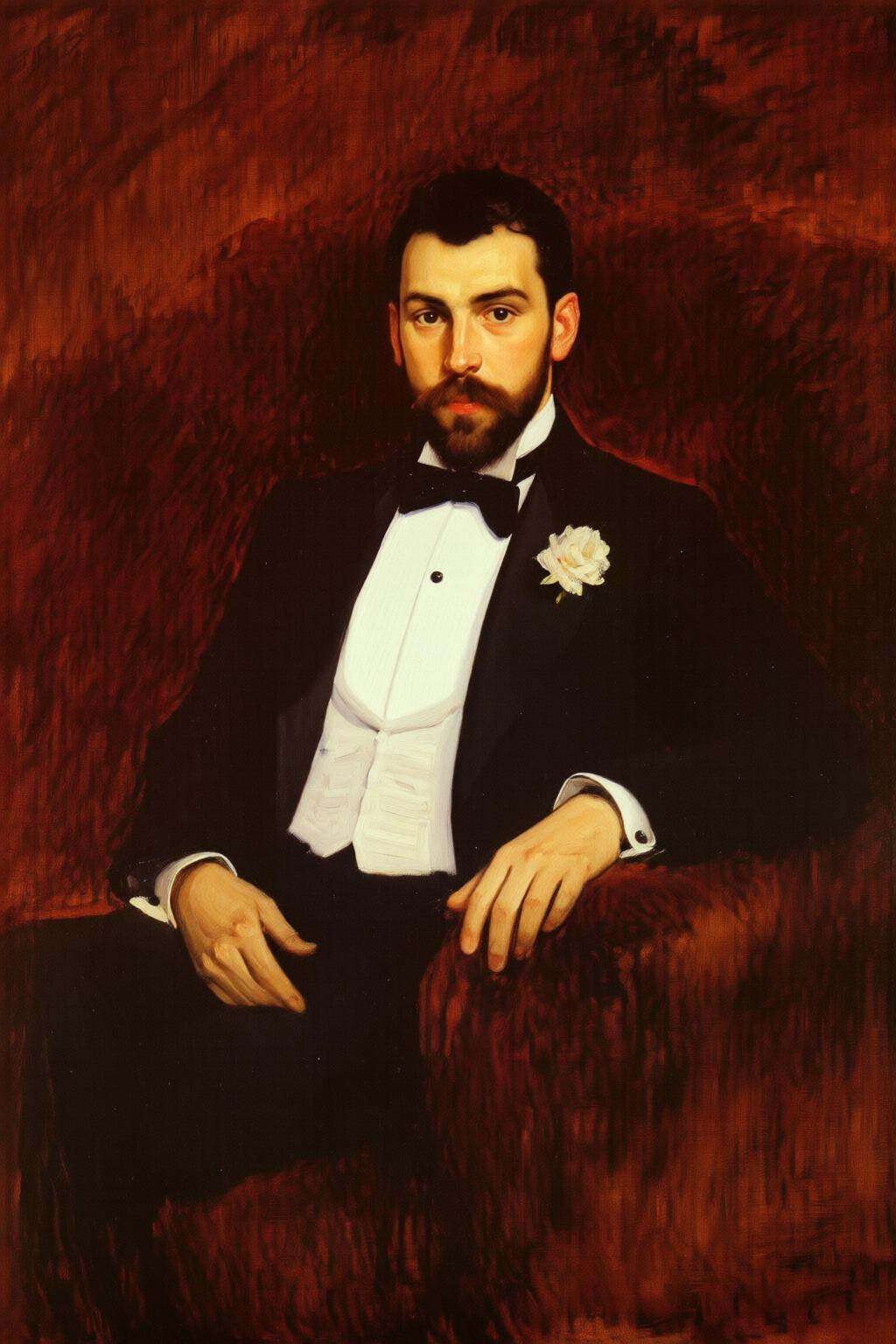 joaquinsorolla3q painting.A young bearded man dressed in a formal black tuxedo with a white shirt and black bow tie is sea...
