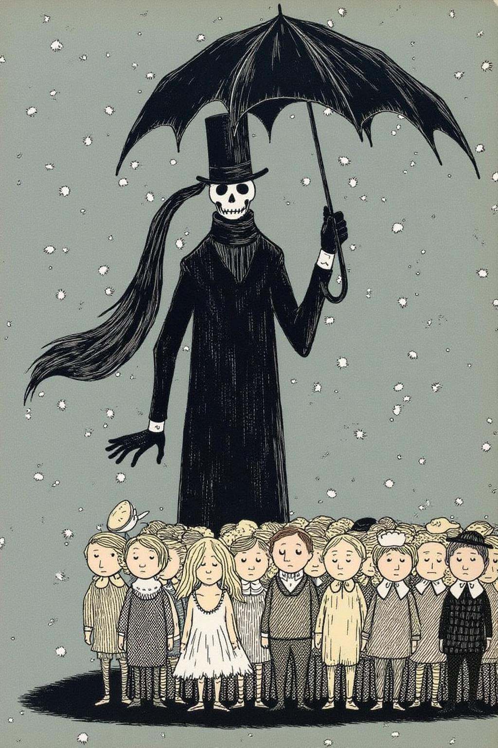 edwardgorey1 illustration.A large,  skeletal figure holding an umbrella stands over a group of children in various outfits...