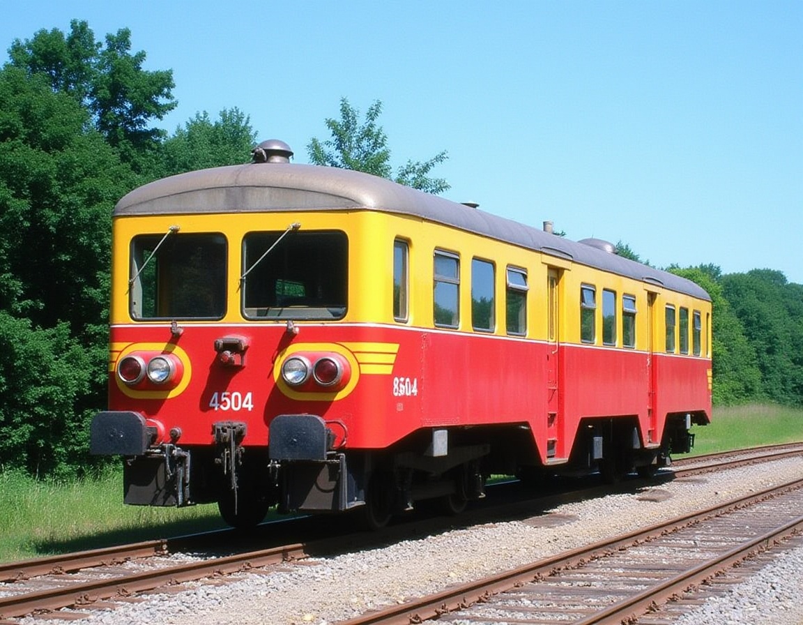 A vibrant scene showcasing a classic red and yellow railcar,  numbered 4504,  positioned on tracks in a rural setting. The...