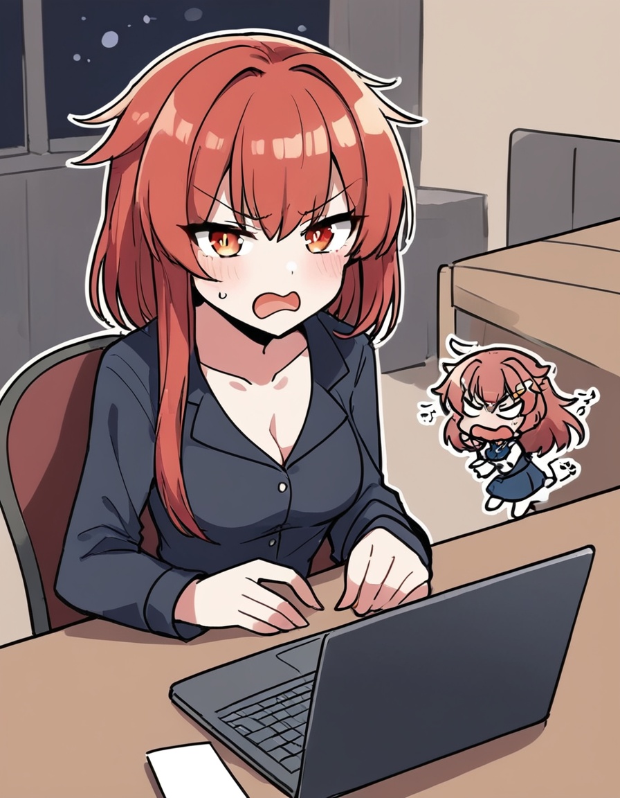 zmgwshnmspfd, 1girl, kinu \(kancolle\), kantai collection,zmgwshnmspfd, short hair, red hair, red eyes, breasts, medium breasts, orange eyes, laptop, hair between eyes, collarbone, sitting, cleavage, bedroom, long sleeves, alternate costume, solo focus, head tilt, breast hold, computer, chair, window, pajamas, :o, indoors, buttons, book, pov hands, pov, upper body, desk, nightgown, blush, eyebrows, open mouth, out of frame, looking at viewer<lora:zmgwshnmspfd:1>​​​