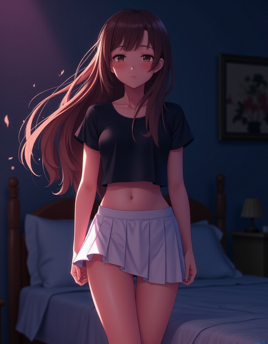 anime artwork ,  Anime Style : young woman standing confidently with long brown hair flowing down her back. Her natural ma...