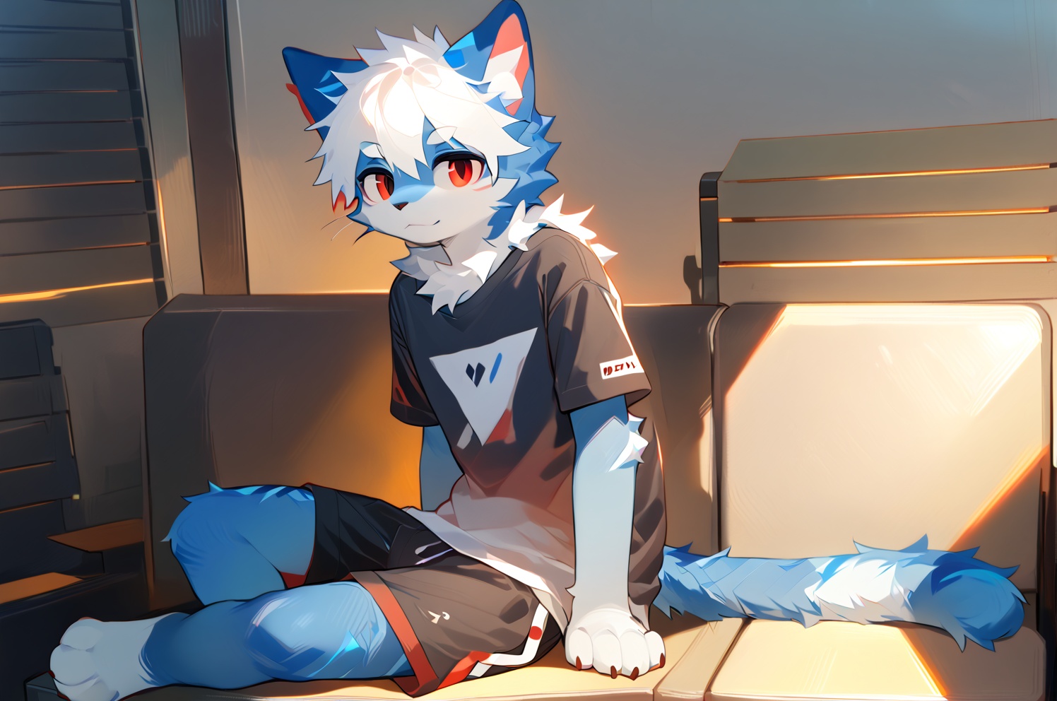 solo,male_focus,furry, (white_hair,red_eyes),(blue fur,cat_ears), body_fur,white_fur,t-shirt,shorts, BREAK, portrait,sitting,on_side, (masterpiece, best quality:1.1),body fur,