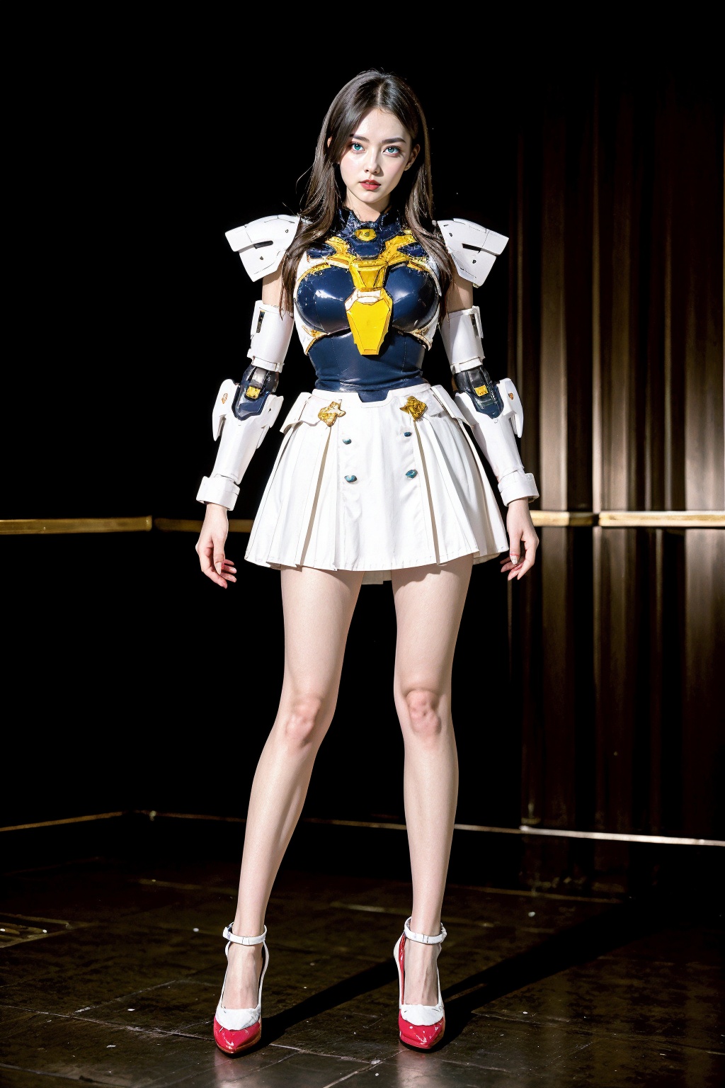 1girl, (gundam:1.2), (armor:1.1), large breasts, short skirt, high heel shoes